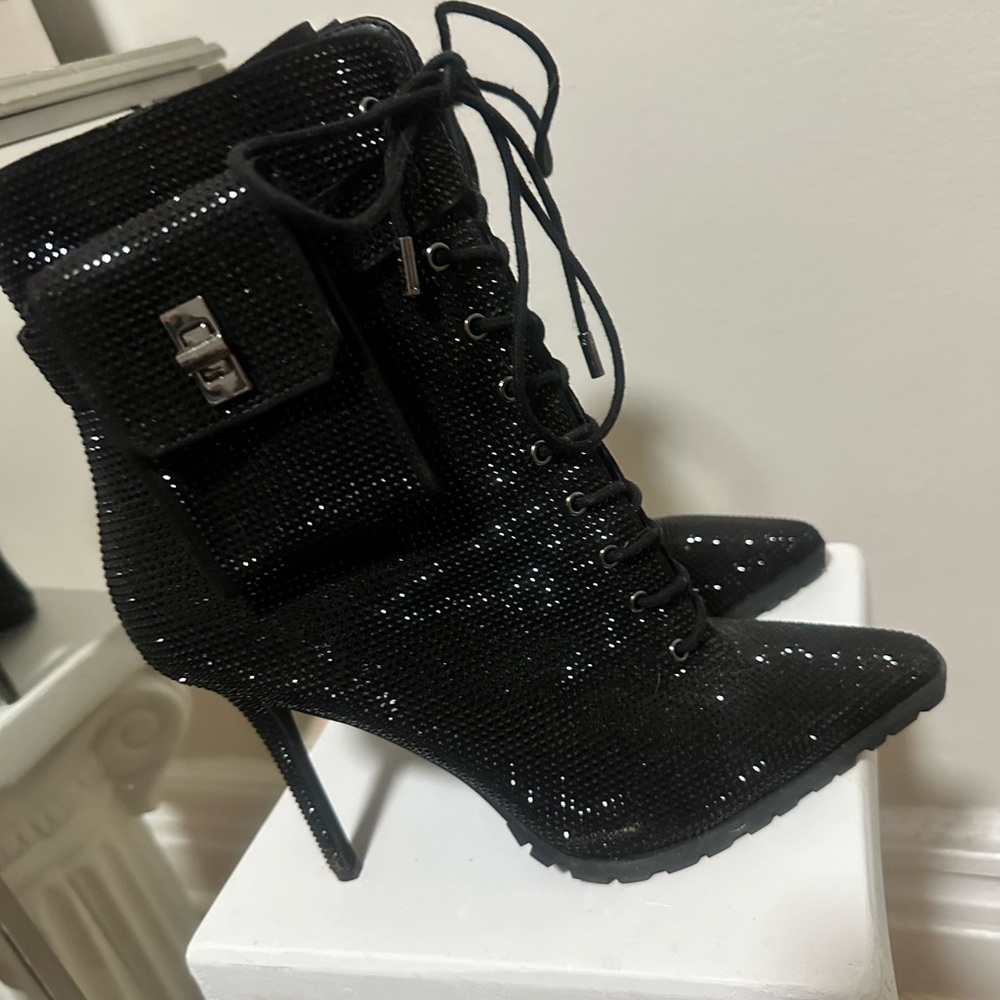 JLO Ultra Glam Rhinestone Black Lace-Up Women's Boots w/ side detachable pouch!